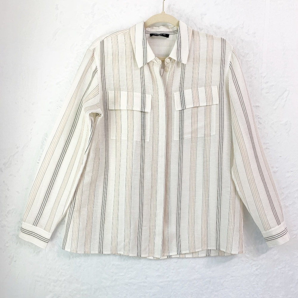 Lafayette 148 Linen Blend Relaxed Striped Button Down Sz M